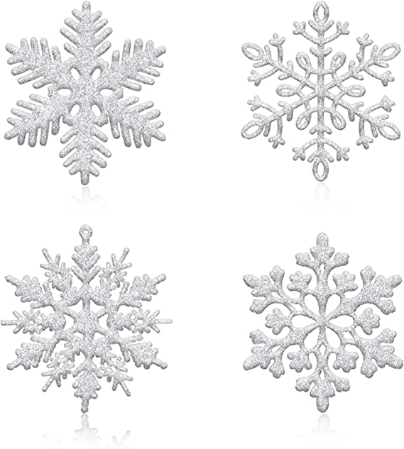 Photo 1 of 36pcs Silver Glitter Snowflake Ornaments, 4 Inch Plastic Snowflake Hanging Decorations Christmas Tree Ornaments for Winter Wonderland Holiday Party
