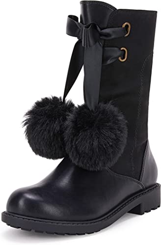 Photo 1 of Coutgo Girls' Boots Mid Calf Lug Sole Side Zipper Winter Boot with Bowknot Pom-poms
 SIZE  2