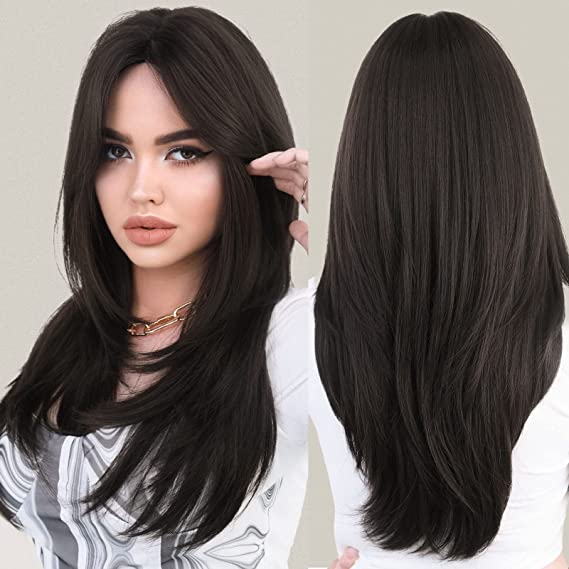 Photo 1 of 7JHH WIGS Long Natural Black Wig with Bangs Straight Wigs for Women,Heat Resistant Layered Synthetic Wigs for Daily Use 
BOX IS DAMAGED