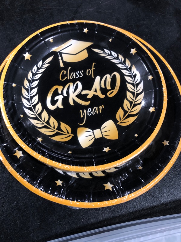 Photo 2 of 2023 Graduation Party Supplies, Graduation Party Decorations 2023, Disposable Dinnerware Set Graduation Paper Plates Congrats Grad! Including 24 Pcs Dinner Plates and Dessert Plates Serves 24 Guests 24guests Black(No tablecloth)