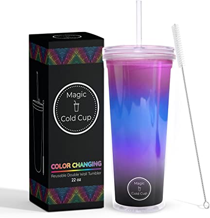 Photo 1 of 22oz Galaxy Color Changing Cup with Lid and Straw for Adults by Magic Cold Cup - BPA-FREE Reusable Double Wall Tumbler is Unbreakable & Leakproof with Resealable Lid Plug and Straw Cleaner