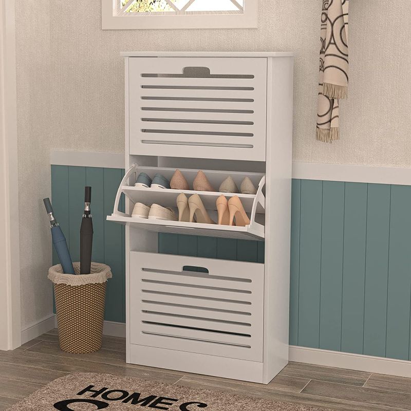 Photo 1 of 3 Flip Drawers Shoe Cabinet, Wooden Freestanding Shoe Rack, White Shoe Storage Cabinet for Entryway, Living Room, and Corridor
