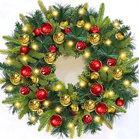 Photo 1 of [ Large Thick & Timer ] 26 Inch 80 Lights Pre-lit Artificial Christmas Wreath Decoration Realistic Feel for Front Door Battery Operated 40 Xmas Ball Ornaments 228 Branch Christmas Indoor Outdoor Home
