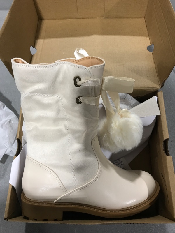 Photo 2 of [Size 13] Coutgo Girls' Boots Mid Calf Lug Sole Side Zipper Winter Boot with Bowknot Pom-poms-Beige