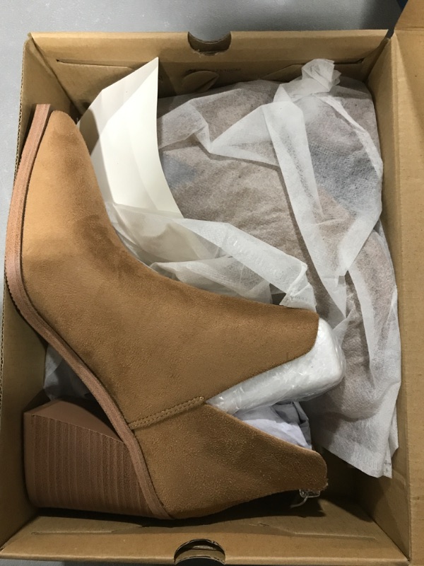 Photo 2 of [Size 8] Womens Cutout Ankle Boot Pointed Toe Stacked Chunky Mid Heel Booties Slip On Faux Suede Back Zipper Dress Western Shoe -light Brown