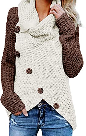 Photo 1 of [Size S] TEMOFON Women's Turtle Cowl Neck Sweater Long Sleeve Casual Button Asymmetric Hem Wrap Pullover Sweaters-