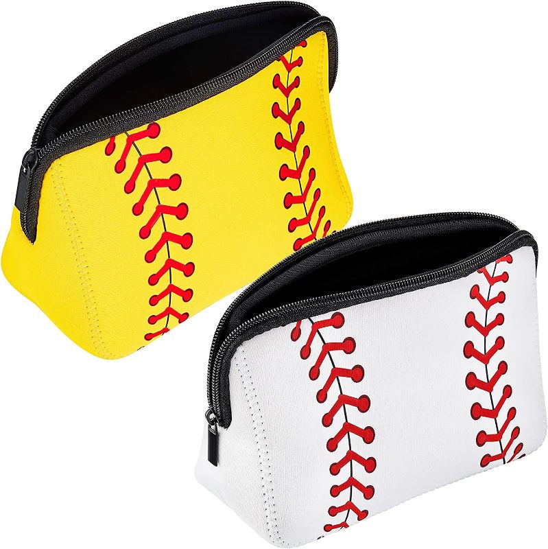 Photo 1 of 2 Pieces Softball Bag softball Print Makeup Bag Baseball Travel Cosmetic Pouch Bag Waterproof Neoprene Bag with Zipper (Yellow, White, 10.24 x 5.12 x 3.7 Inch)
