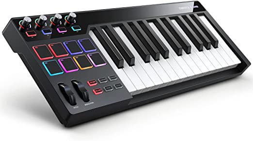 Photo 1 of Donner STARRYKEY MIDI Keyboard MIDI Controller, Full Size 25 keys, 7 Colors Lighting Effect, 8 Velocity-sensitive Backlit Pads with 24 Selectable Custom Tones, with MIDI out and Pedal interface
