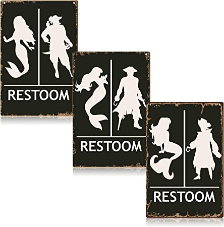 Photo 1 of 3 Pcs Funny Mermaid Pirate Vintage Sign Restroom Sign Nautical Wall Decor Pirate Mermaid Sign Pirate Restroom Door Decor for Farmhouse Bathroom Farm Wall Home Toilet Decor Art Signs, 7.87 x 11.81 Inch
