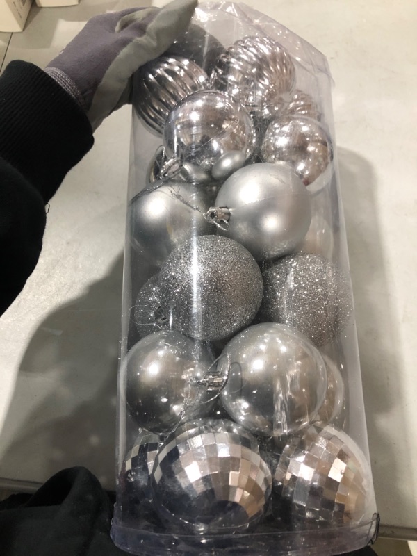 Photo 2 of 24 Pieces Christmas Ball Ornaments Christmas Tree Decorations Tree Balls for Tree Ornaments Holiday Wedding Party Decoration Hooks 2.36 Inch, 6 Styles() Silver