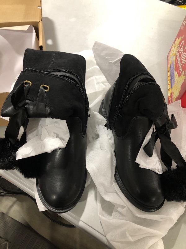 Photo 1 of Coutgo Girls' Boots Mid Calf Lug Sole Side Zipper Winter Boot with Bowknot Pom-poms 2 Little Kid Black
