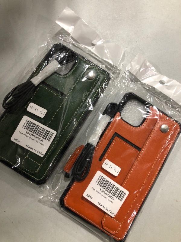 Photo 1 of 2cases Cavor iPhone 11 Genuine Leather Case, Phone Grip Wrist Strap Stand Case with Card Holder, Anti-Fall Shockproof Cover for iPhone 11  - Orange and green iPhone 11 