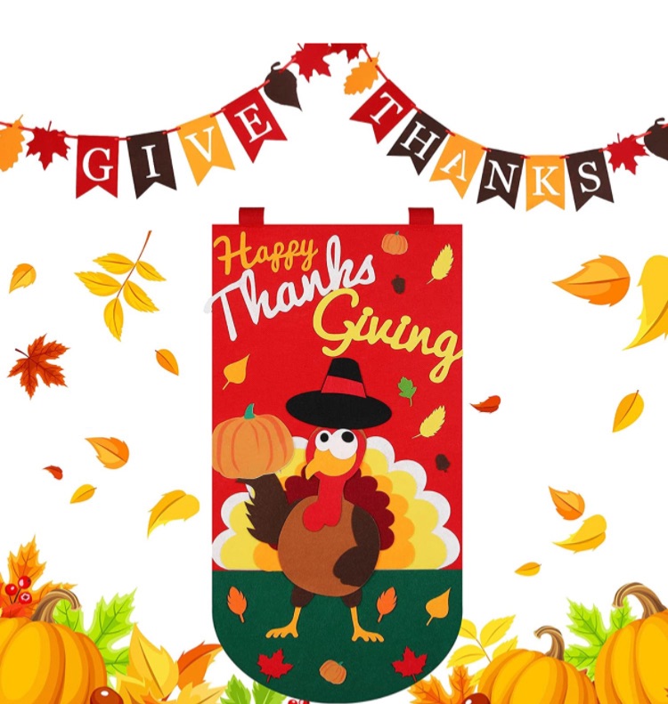 Photo 1 of 2 Pieces Thanksgiving Door Felt Banner DIY Thanksgiving Turkey Door Hanging Sign and Maple Leaf Banner, Autumn Harvest for Home Office School Door Hanging Decor Thanksgiving Party Supplies