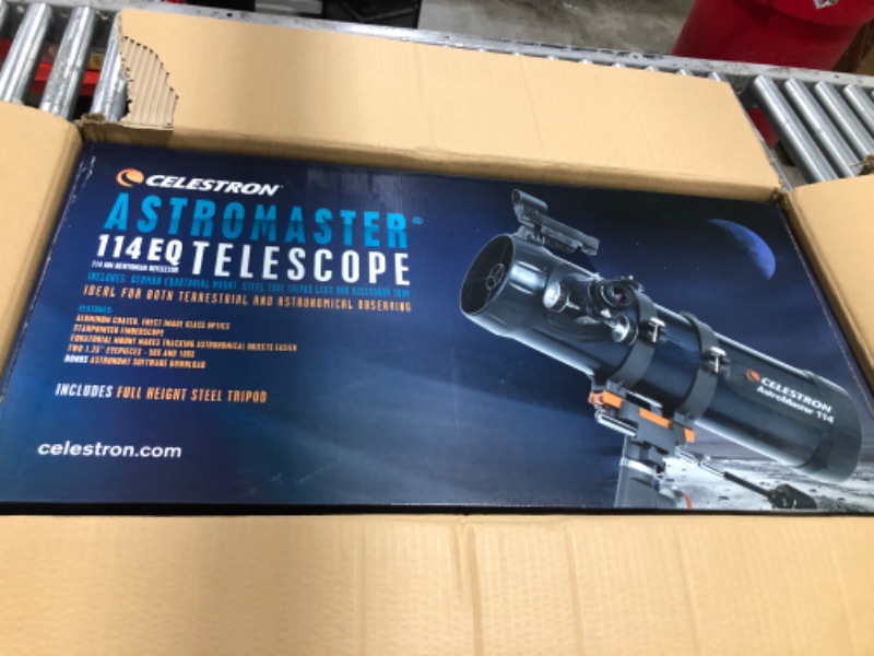 Photo 2 of Celestron - AstroMaster 114EQ Newtonian Telescope - Reflector Telescope for Beginners - Fully-Coated Glass Optics - Adjustable-Height Tripod - Bonus Astronomy Software Package