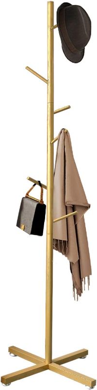 Photo 1 of  Jolitac Modern Metal Coat Rack in Gold Free Standing 7 Hooks Hall Tree in Corner, Hat Hanger & Coat Racks Stand Entryway Organizer for Clothes, Bags, Umbrella (Golden) 