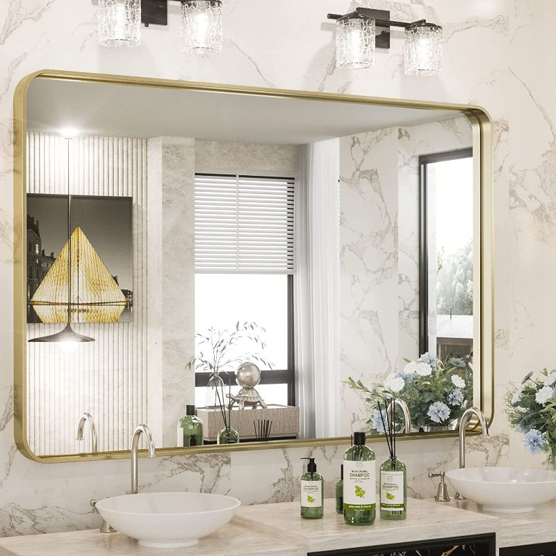 Photo 1 of  TokeShimi Gold Bathroom Mirror for Wall 40 x 30 Inch Brushed Brass Metal Rounded Corner Rectangle Wall Mirror in Aluminum Alloy Metal Frame Deep Set Design Hangs Horizontal Or Vertical Farmhouse 