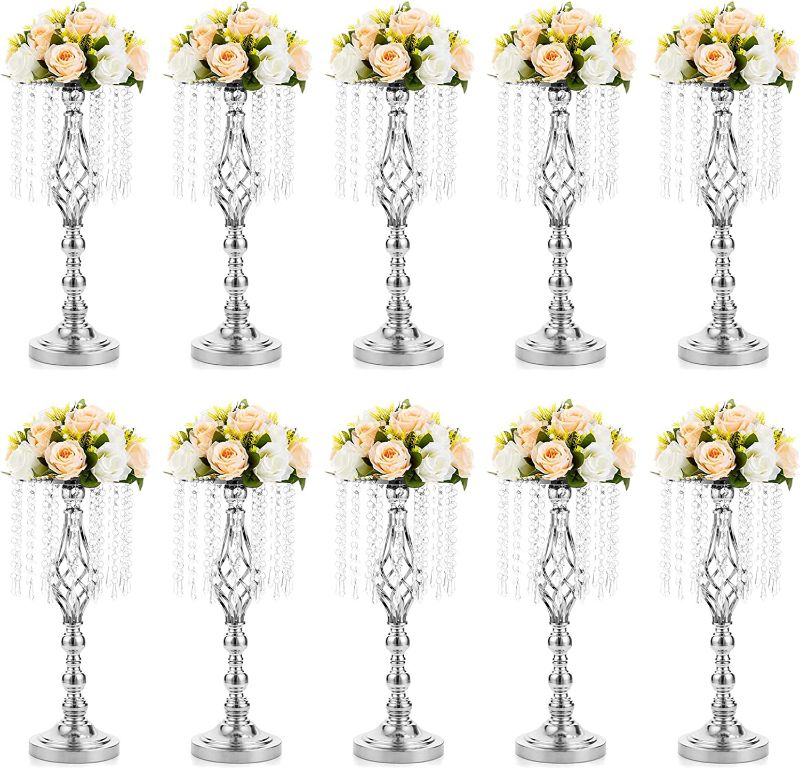 Photo 1 of 10 Pcs 19.3 inches Tall Crystal Flower Stand Wedding Road Lead Tall Flower Holders Centerpiece Crystal Flower Chandelier Metal Flower Vase for Reception Tables Wedding Supplies 