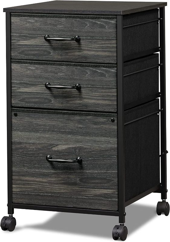 Photo 1 of DEVAISE Mobile File Cabinet, Rolling Printer Stand with 3 Drawers, Fabric Vertical Filing Cabinet fits A4 or Letter Size for Home Office, Charcoal Black Wood Grain Print
