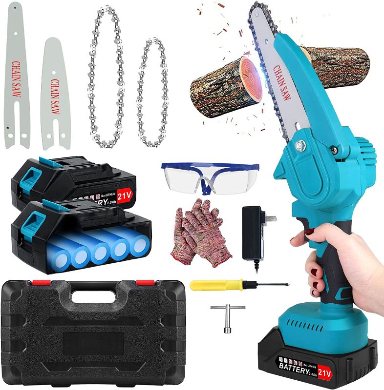 Photo 1 of Mini Chainsaw Cordless 6 Inch Chain Saw Battery Powered with 2 Batteries 21V 2000mAh & 4-6 inch Chains, Electric Chainsaw Handheld Portable for Wood Cutting Tree Trimming, Small Rechargeable Chain Saw
