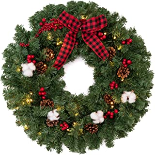 Photo 1 of 24 Inch Christmas Wreath, Lighted Christmas Wreath for Front Door, Decorated with Pine Cones, Berry Clusters, Red Bowknot,Christmas Collection
