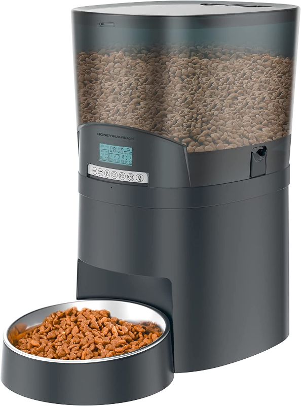Photo 1 of Automatic Cat Feeder, HoneyGuaridan 6.5L Pet Feeder for Cats and Dogs Dry Food Dispenser with Desiccant Bag, Stainless Steel Bowl, 6 Meals Portion Control, Dual Power Supply &10s Voice Recorder
