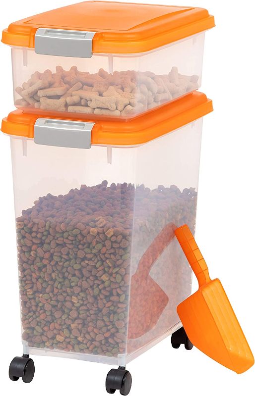 Photo 1 of  IRIS USA 3-Piece 35 Lbs / 45 Qt WeatherPro Airtight Pet Food Storage Container Combo with Scoop and Treat Box for Dog Cat and Bird Food, Keep Pests Out, Translucent Body, Easy Mobility, Orange 