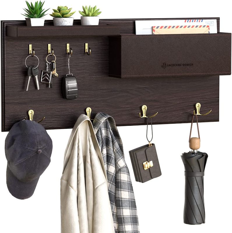 Photo 1 of  JackCubeDesign Entryway Coat Rack Wall Mount Key Holder Mail Envelope Hook Organizer Clothes Hat Hanger with Faux Brown Leather Shelf and Tray(Solid Wood, 20.5 x 9.1 x 3.4 inches) – :MK362B 