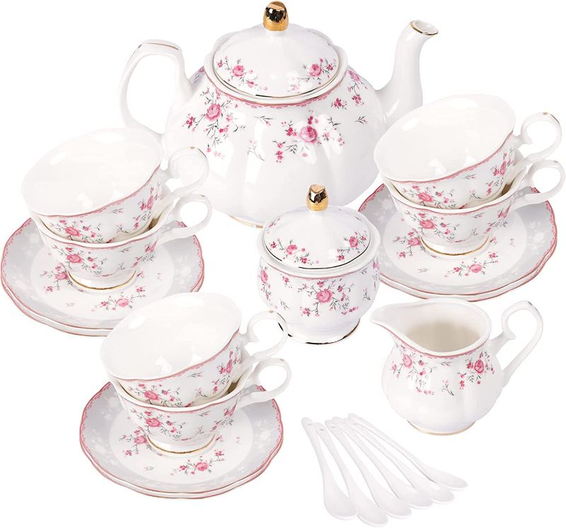 Photo 1 of  fanquare Vintage Porcelain Tea Set for Women Tea Party, Tea Cup and Saucer Set for 6, Wedding Floral Teapot Set for Adults, Pink Rose 