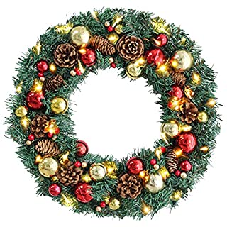 Photo 1 of 18" Pre-lit Artificial Christmas Wreath for Front Door?Xmas Wreath with Pine Cones, Berry Clusters, Frosted Branches, Christmas Ball?White Lights,Winter Christmas Holiday Decor