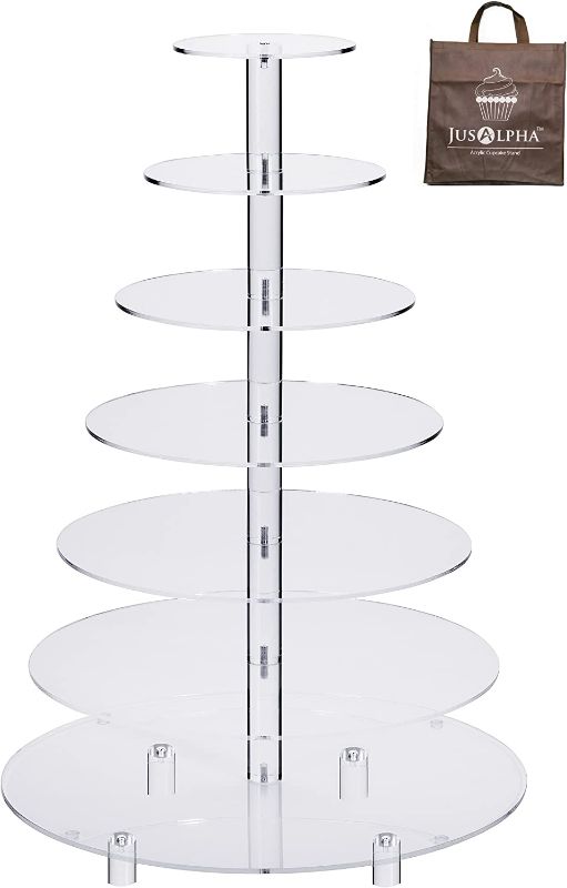 Photo 1 of  Jusalpha® Large 7 Tier Acrylic Round Wedding Cake Stand Dessert Stand Pastry Serving Platter-Food Display Stand for Large Event (Large with Rod Feet Base) (7RF) 