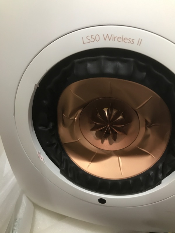 Photo 8 of KEF LS50 Wireless II (Pair, Mineral White) (SUBWOOFER NOT INCLUDED)HEAVILY DAMAGED PACKAGE --- DAMAGE, RIGHT SPEAKER DUST PLATE/FRONT FACE DAMAGED FROM SITTING IN AREA OF PACKAGE DAMAGE --- POWERS ON, MAIN SPEAKER IS BLOWN OUT