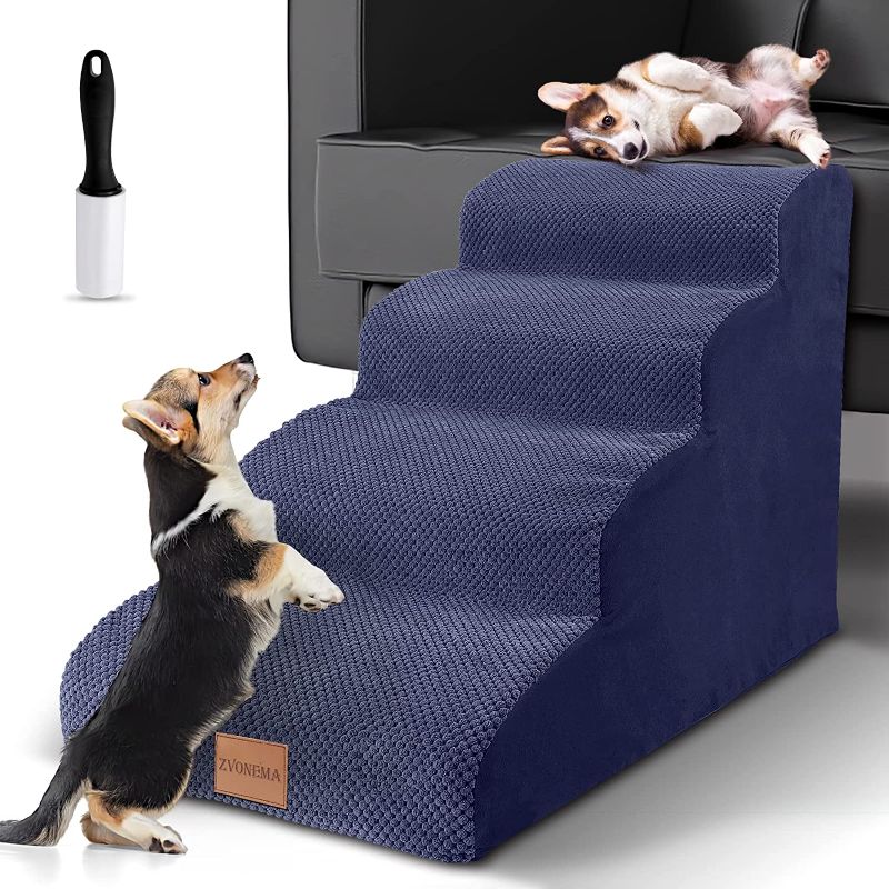 Photo 1 of ZNM Pet Stairs, 4 Tiers High Density Pet Foam Steps, Non-Slip Dog Step for High Bed and Sofa with 1 Lint Roller, Extra Wide Deep Dog Ladder/Ramp for Older Dogs, Cats Up to 50 lbs, Blue
