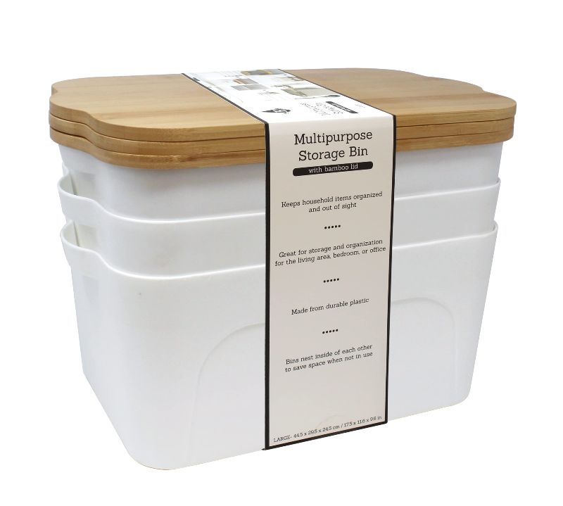 Photo 1 of 3 PACK Heritage Living Multipurpose Storage Bins with Bamboo Lid | WHITE