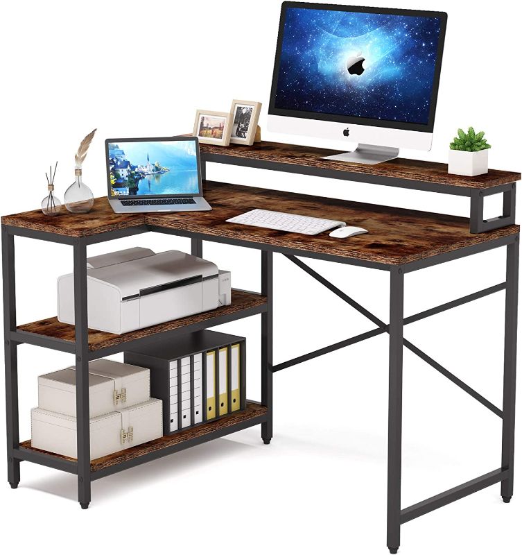 Photo 1 of Tribesigns L Shaped Desk with Storage Shelves, Rustic Corner Desk Study Writing Workstation with Monitor Stand Riser for Home Office Small Space (Brown)
