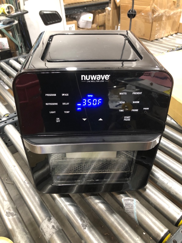 Photo 1 of NUWAVE Brio Air Fryer Smart Oven, 15.5-Qt X-Large Family Size, Countertop Convection Rotisserie Grill Combo, SS Rotisserie Basket & Skewer Kit, Reversible Ultra Non-Stick Grill Griddle Plate Included 15.5-Quart Black Air Fryer
