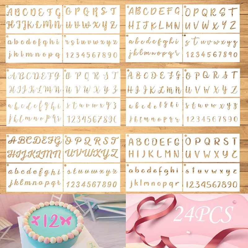Photo 1 of 24 PCS Alphabet Number Stencils Letters Templates Reusable Plastic Chalkboard Stencils for Painting on Wood Crafts Signs Cookies Cakes Decor with Open Ring