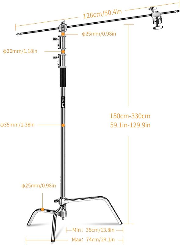 Photo 2 of LOMTAP C Stand Light Stand Photography Heavy Duty 10.8ft/330cm Metal Adjustable Century Stand 4.1ft/128cm Holding Boom Arm for Softbox and Monolight
