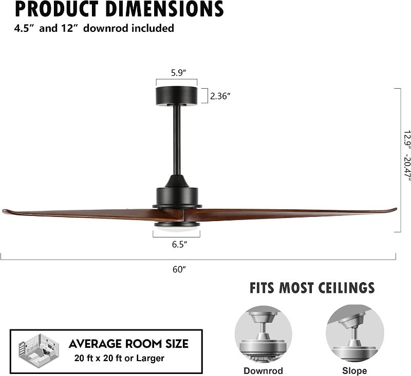 Photo 3 of WINGBO 60 Inch DC Ceiling Fan with Lights and Remote Control, 3 Reversible Carved Wood Blades, 6-Speed Noiseless DC Motor, Modern Ceiling Fan in Matte Black Finish with Walnut Blades, ETL Listed 