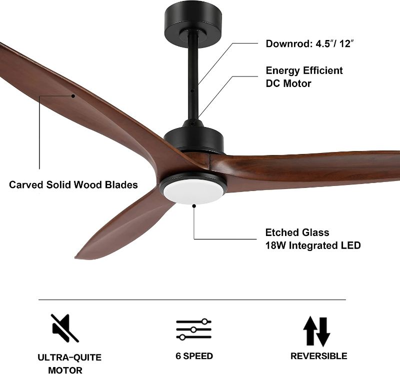 Photo 2 of WINGBO 60 Inch DC Ceiling Fan with Lights and Remote Control, 3 Reversible Carved Wood Blades, 6-Speed Noiseless DC Motor, Modern Ceiling Fan in Matte Black Finish with Walnut Blades, ETL Listed 