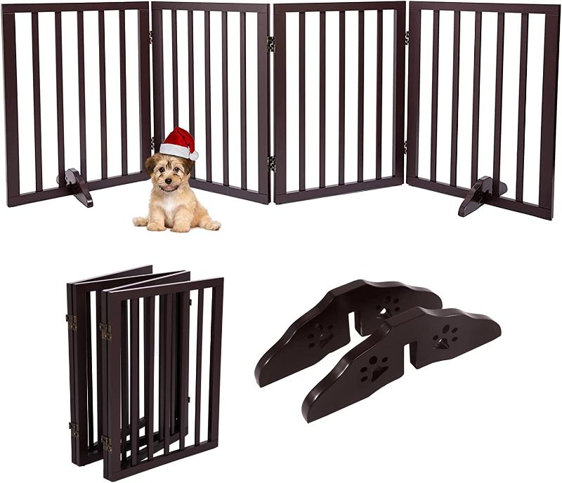 Photo 1 of Free-Standing Pet Gate for Dog Wooden Dog Playpen for Doorways House Indoor Barrier Foldable Wood Safety Dog Fence with 4 Panels 24 Inch Wide Dog Gate for Puppy Doggie Support Feet Included 