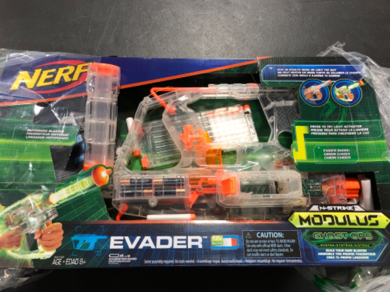 Photo 1 of Nerf Modulus Ghost Ops Evader Motorized Blaster -- Light-Up See-Through Blaster and Barrel Extension, Includes 12 Official Nerf Elite Darts (Amazon Exclusive) Frustration-Free Packaging