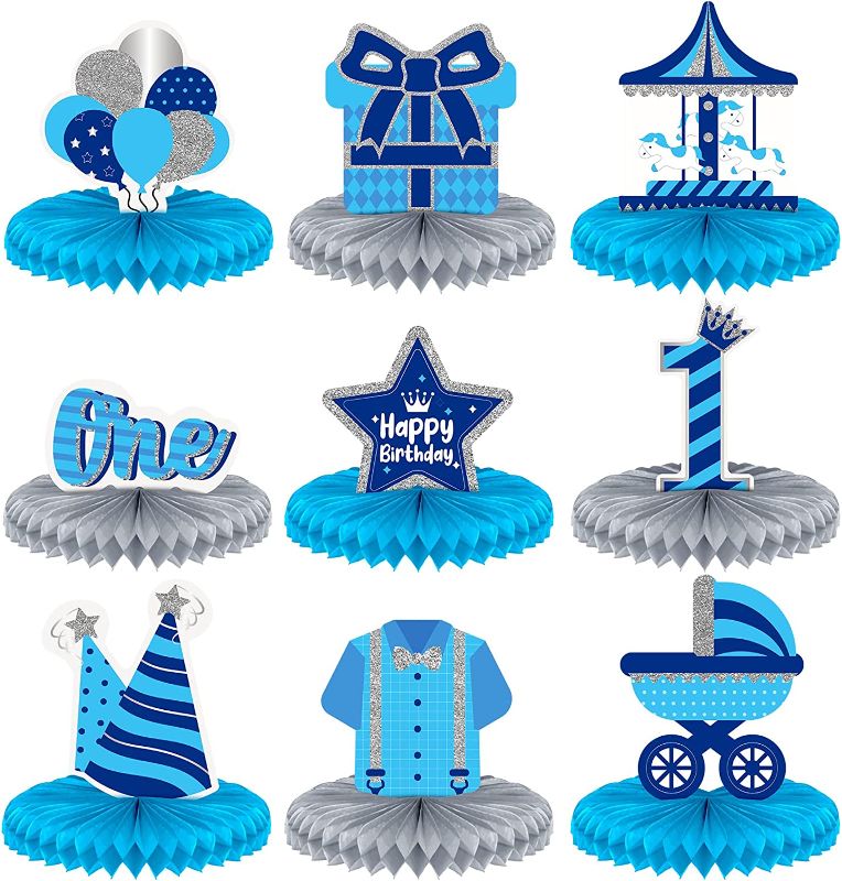 Photo 1 of Eersida 9 Pcs 1st Birthday Party Decorations Supplies First Honeycomb Centerpieces Blue Silver Centerpiece Table Favors for Baby Boy 