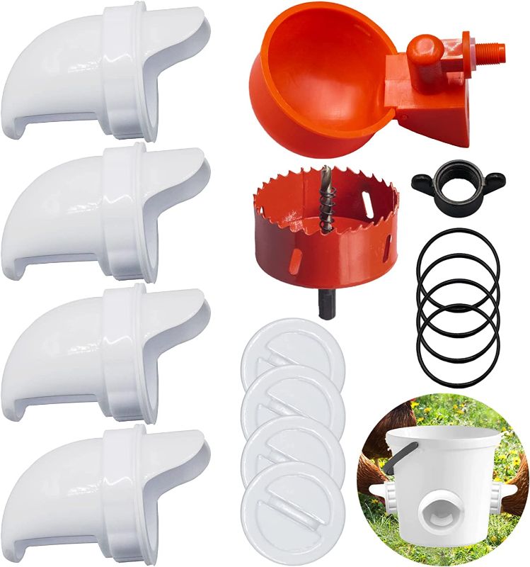 Photo 1 of 5PCs DIY Chicken Feeder and Automatic Chicken Water Cup Waterer Kit for Poultry, Rain Proof Poultry Feeder Port Gravity Feed Kit for Buckets,Barrels,Bins,Troughs,Automatic Chicken Feeder Waterer 
