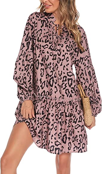 Photo 1 of AOGESI Long Sleeve Women's Dress 2022 Fall Casual Swing Mini Dress Print V Neck Ruffle High Waist A Line Dress size small 