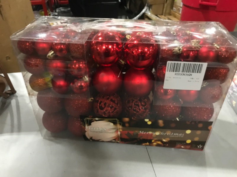 Photo 2 of 101 Piece Christmas Balls Ornaments Luxury Set Xmas Tree Topper and Hang Rope, Emopeak Christmas Baubles - Shatterproof Mini Holiday Balls for Christmas Decorations 1.2"-1.57"-2.36" Red