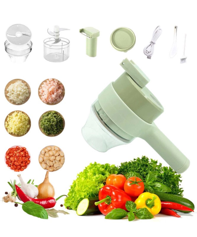 Photo 1 of 4 in 1 Portable Handheld Electric Vegetable Cutter Set, Multifunction Wireless Food Processor, Mini Food Chopper with Brush and Spatula for Garlic Chili Onion Ginger Meat Celery Cucumber