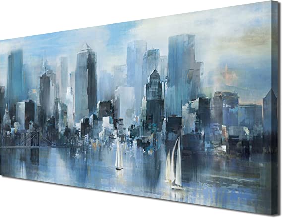 Photo 1 of Acocifi Blue Abstract Canvas Wall Art Brooklyn Bridge Painting New York City Skyline Wall Art Cityscape Modern Sailboat Picture Artwork Framed for Living Room Bedroom Bathroom Office Home Decor 40"x20"
