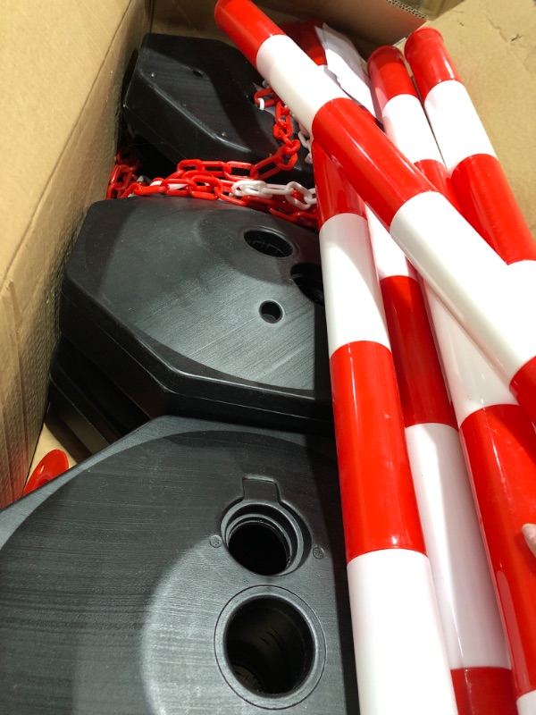Photo 1 of 6 Pack Traffic Delineator Post Cones with Fillable Base, Adjustable Traffic Safety Barrier PE Plastic Construction Caution Road Stanchions with 5Ft Plastic Chain for Delineator Poles (Red+White)