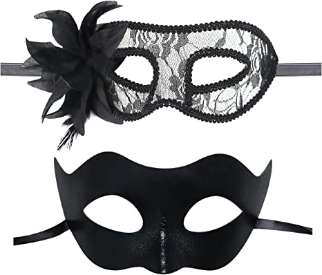 Photo 1 of Couple Masquerade Lace Mask Set, Fit for Women & Men Plastic Venetian Halloween Party Masks, Mardi Gras Costume Ball mask 