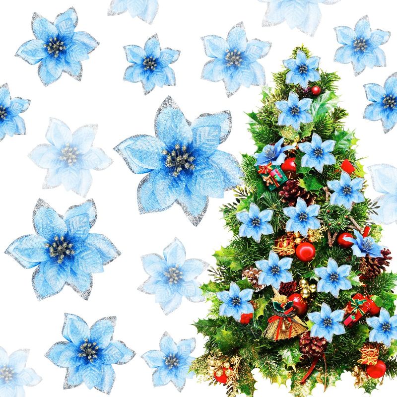 Photo 1 of 25Pcs Glitter Poinsettia Christmas Tree Ornaments 25 Clips, Flower Ornaments for Christmas Tree Wedding Party Decor (Blue) 